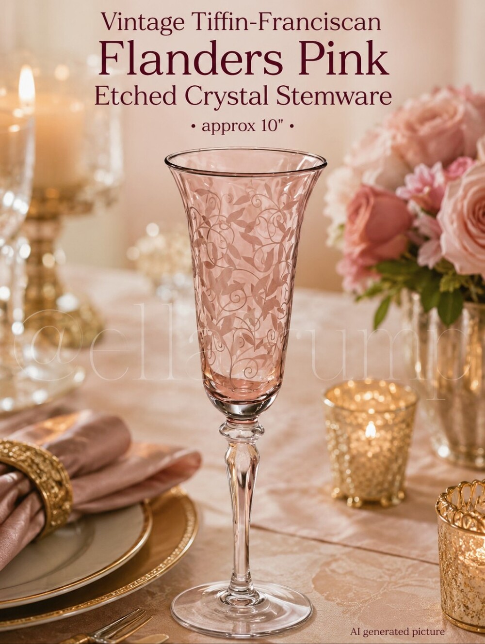 One Tiffan-Fransciscan Flanders Pink Etched Crystal Champagne 9.5"T